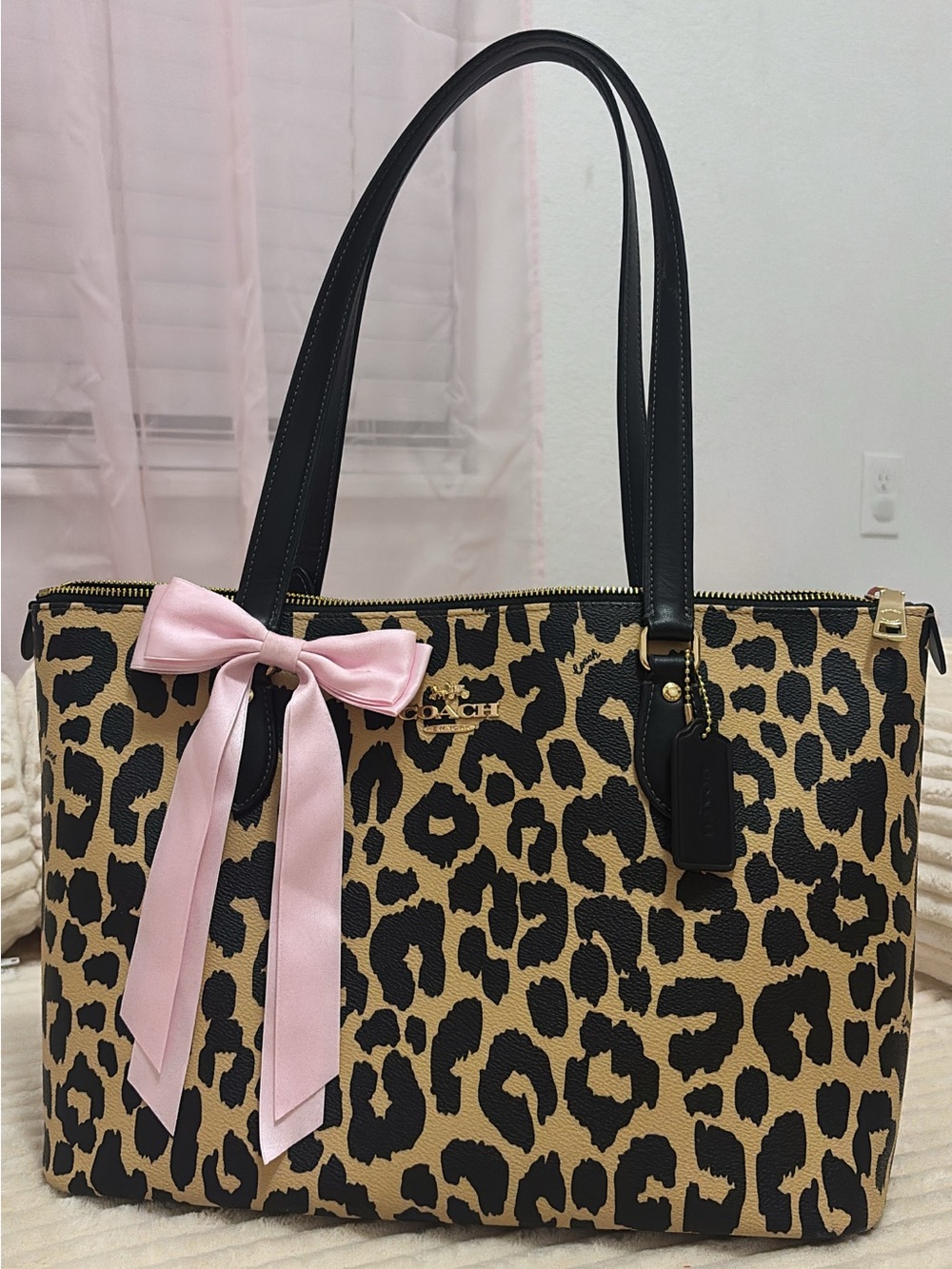 Coach Leopard-Print Tote with Pink Bow and Black Trim